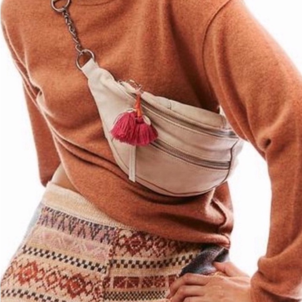 Free People Silver Metallic Riley Chain Belt Bag Adj Strap Crossbody Purse
